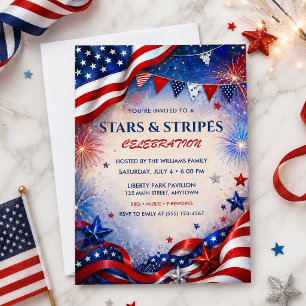 Sterne und Streifen 4. Juli Feuerwerk BBQ Freiheit Einladung