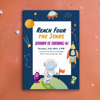 Sterne Weltraum Kinder 4. Geburtstag Party lädt ei Einladung