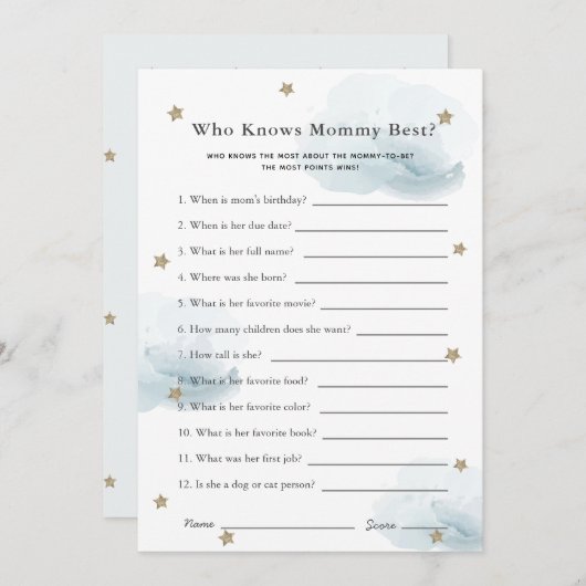 Sterne & Wolken, die Mama Duwer Game Blue Card ken Einladung (Vorne/Hinten)