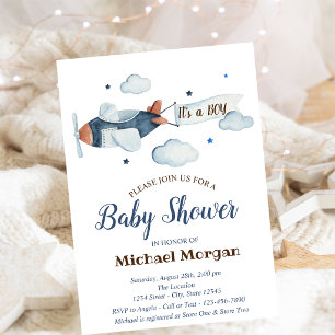 Sterne, Wolken, Flugzeug Gold Glitzer Babydusche Einladung