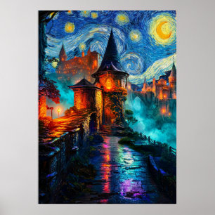 Sternen Nacht Fantasy Schloss Magische Ölgemälde Poster