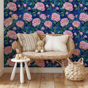 Sternenblüten: Rosa Peongs am Mitternachtsblauen Tapete
