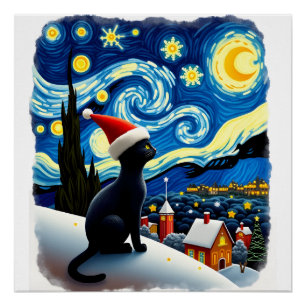 Sternenfest-Weihnachten-Schwarze-Katze-Santa-Hut Poster