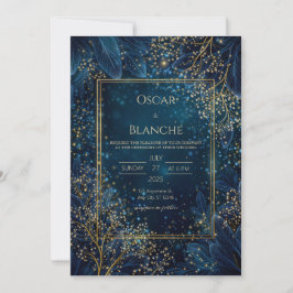 Sternenglanz Navy Gold Botanische Hochzeit Einladung