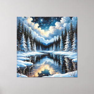 Sternenhafte Winterlandschaft mit schneebedeckten  Leinwanddruck