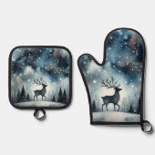 Sternenhafte Winternacht Hirsche Ofenhandschuh & Topflappen-Set (Vorderseite)