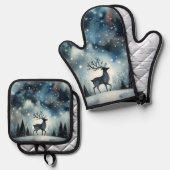 Sternenhafte Winternacht Hirsche Ofenhandschuh & Topflappen-Set (Vorderseite/Rückseite)