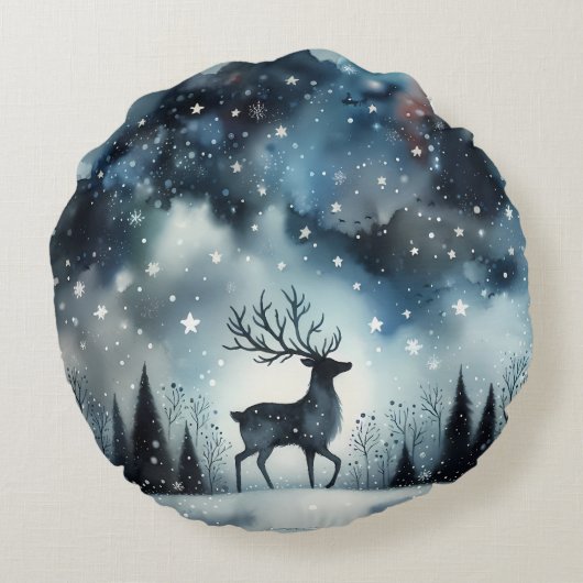 Sternenhafte Winternacht Hirsche Rundes Kissen (Rückseite)