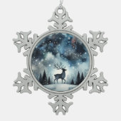 Sternenhafte Winternacht Hirsche Schneeflocken Zinn-Ornament (Vorderseite)