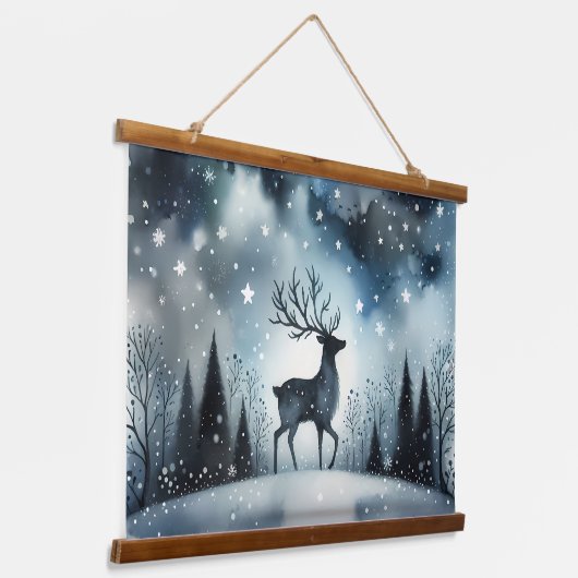 Sternenhafte Winternacht Hirsche Wandteppich Mit Holzrahmen (Gewinkelt)