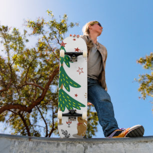 Sternenhafter Waldweihnachtswald mit Kaninchen Skateboard
