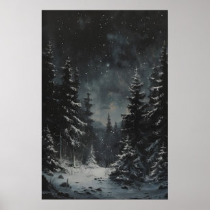 Sternenhafter Winterwald-Kunstprint Dunkles Cottag Poster