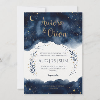 Sternenhimmel-Hochzeit in Navy-Blau mit Wasserfarb Einladung