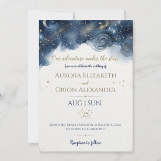 Sternenhimmel-Hochzeit in Wasserfarben in Marinebl Einladung