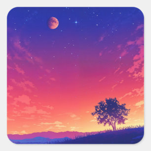 Sternenhimmel mit rotem Mond und Baum-Silhouette Quadratischer Aufkleber