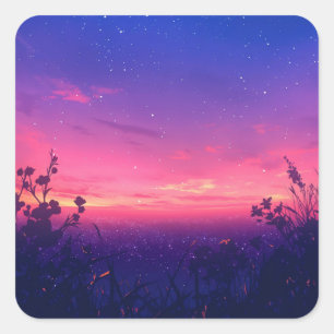 Sternenhimmel über rosa Sonnenuntergangs-Wildblume Quadratischer Aufkleber