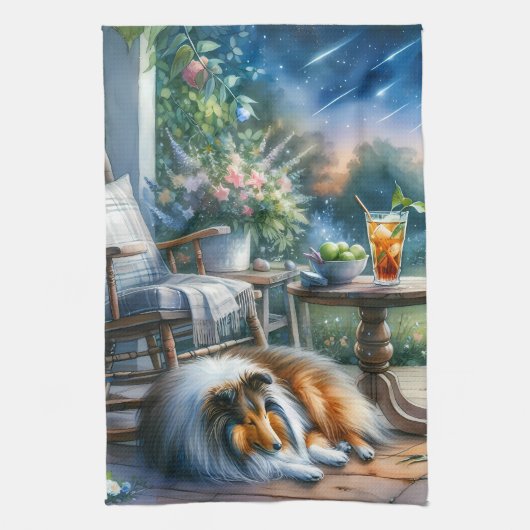 Sternenklarer Gartenveranda Sheltie Traum Geschirrtuch (Vertikal)