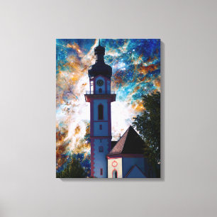 Sternenlandschaft - Nebel und Turm Leinwanddruck
