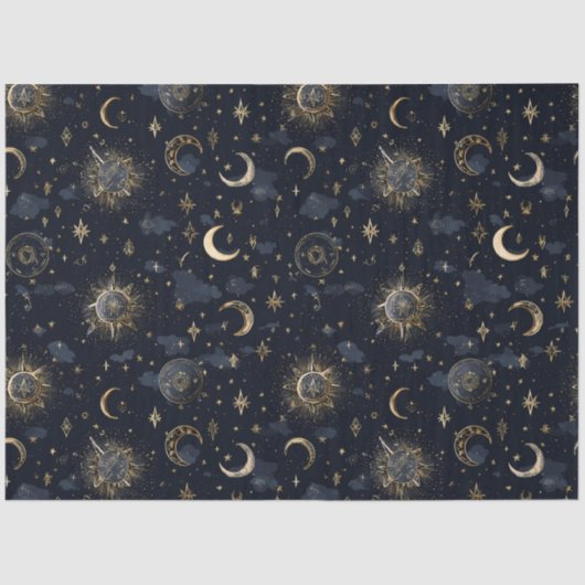 Sternenmond- und Sternengeschenkpapier Gold/Navy Seidenpapier (Vorderseite)