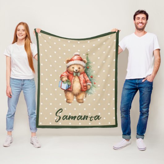 Sternenmuster-Weihnachtsbär grün beige Name Fleecedecke (Beispiel)