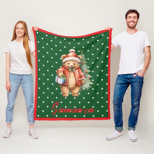 Sternenmuster-Weihnachtsbär grün rot Name Fleecedecke (Beispiel)