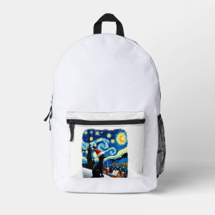 Sternennacht Festive Weihnachten schwarze Katze Sa Bedruckter Rucksack