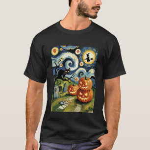 Sternennacht Halloween schwarze Katze lustiges Kos T-Shirt