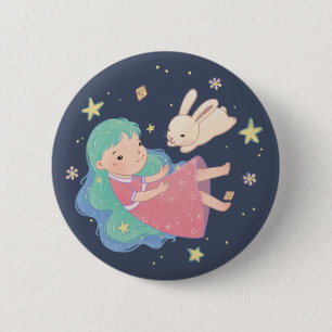 Sternennacht-Häschen- und Mädchen-Illustration Button
