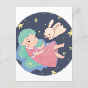 Sternennacht-Häschen- und Mädchen-Illustration Postkarte
