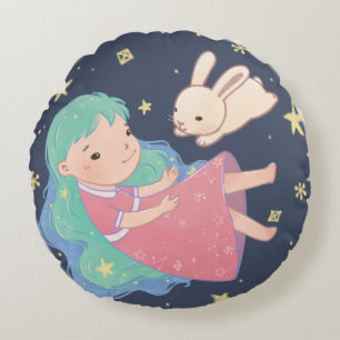 Sternennacht-Häschen- und Mädchen-Illustration Rundes Kissen