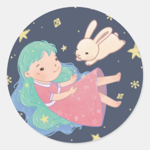 Sternennacht-Hase und Mädchen-Illustration Runder Aufkleber