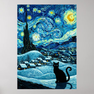 Sternennacht-Katze, inspiriert von Van Gogh Sterne Poster