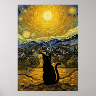 Sternennacht-Katze, inspiriert von Van Gogh Sterne Poster