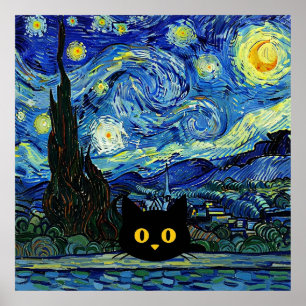 Sternennacht-Katze, inspiriert von Van Gogh Sterne Poster