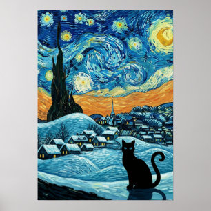 Sternennacht-Katze, inspiriert von Van Gogh Sterne Poster