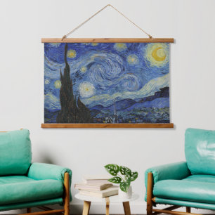 Sternennacht von Van Gogh - Wirbelnder Himmel, Bla Wandteppich Mit Holzrahmen
