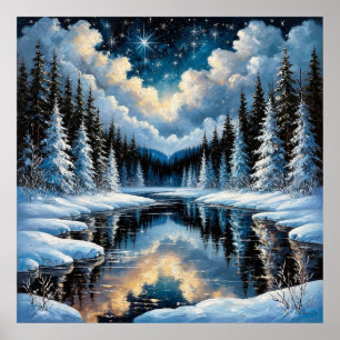 Sternenreiche Winterlandschaft mit schneebedeckten Poster