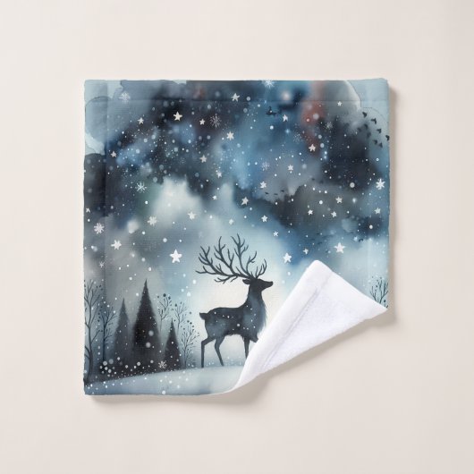 Sternenreiche Winternacht Hirsche Badhandtuch Set (Waschlappen)