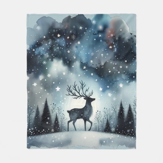 Sternenreiche Winternacht Hirsche Fleecedecke (Vorderseite)