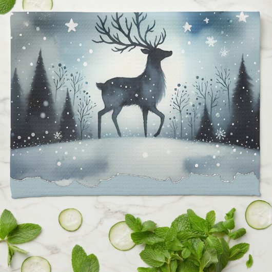 Sternenreiche Winternacht Hirsche Geschirrtuch (Gefaltet)