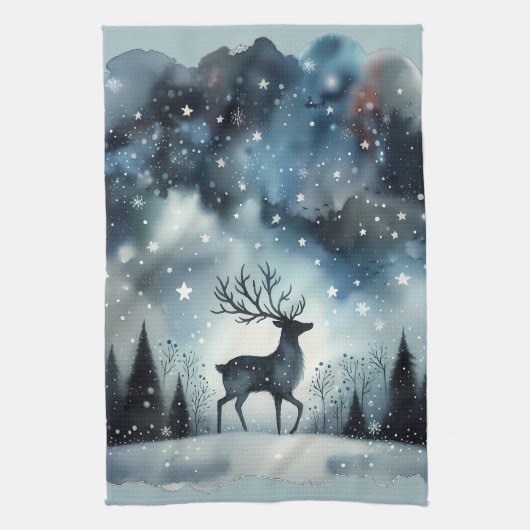 Sternenreiche Winternacht Hirsche Geschirrtuch (Vertikal)