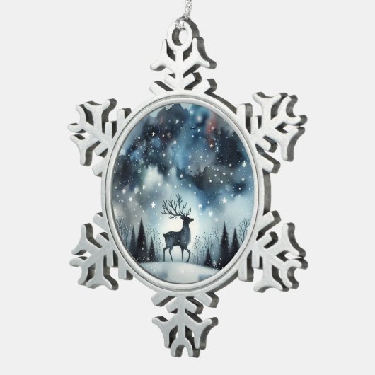 Sternenreiche Winternacht Hirsche Schneeflocken Zinn-Ornament (Rechts)