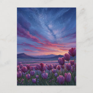 Sternenschwüle Dämmerung über violettem Tulpenfeld Postkarte