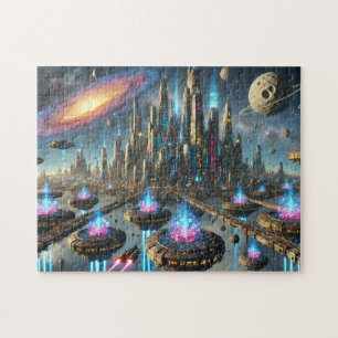 Sternenstädtische futuristische Neon-Stadtlandscha Puzzle
