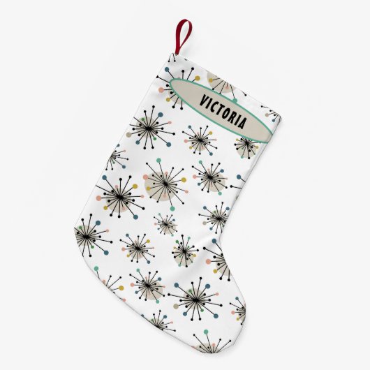 Sternexplosion mit Namen Mitte Jahrhundert Moderne Kleiner Weihnachtsstrumpf (Vorderansicht (hängend))