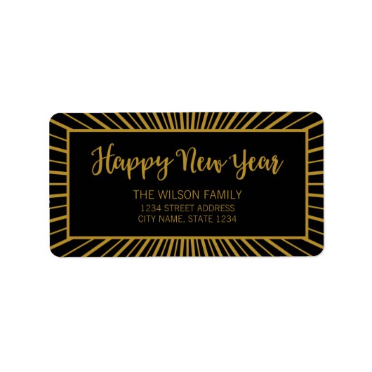 Sternexplosion Script Black Happy New Year Address Adressaufkleber (Vorne)