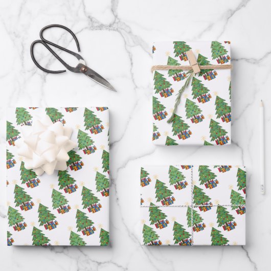 Sternförmig bekrönte Weihnachtsbäume und Geschenke Geschenkpapier Set (Vorderseite)