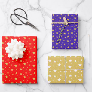 Sternmuster auf Blau, Gold und Rot Geschenkpapier Set
