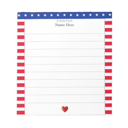 Sternmuster, rote, weiße Streifen und Herz-Linse Notizblock (Vorderseite)