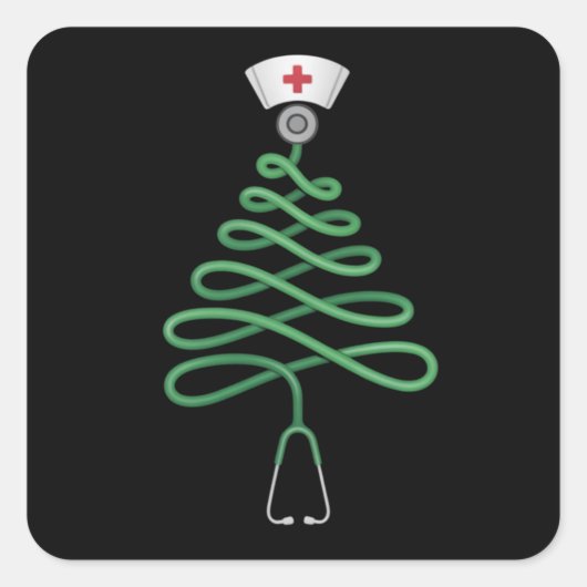 Stethoscope Christmas Tree Nurse Scrub Xmas Quadratischer Aufkleber (Vorderseite)